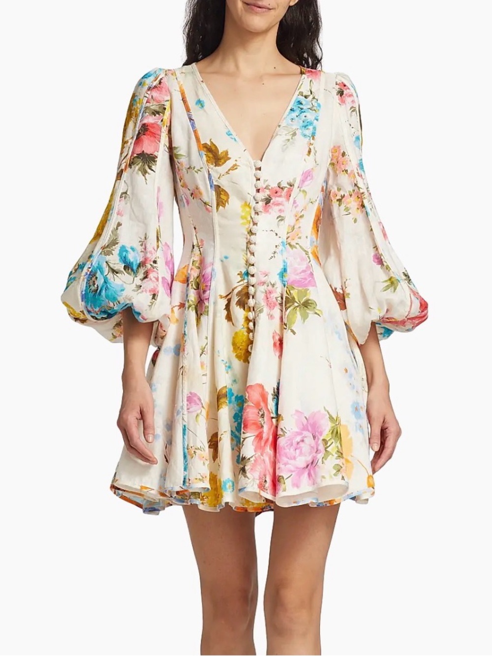 Zimmermann Halcyon Panneled Floral V-Neck Mini Dress in Cream AU 0/ US 4 NWT - Picture 2 of 16